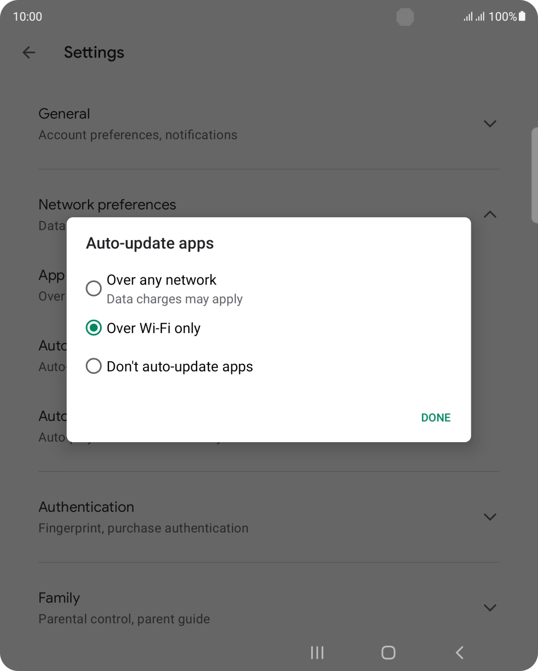 To turn on automatic update of apps using mobile network, press Over any network.