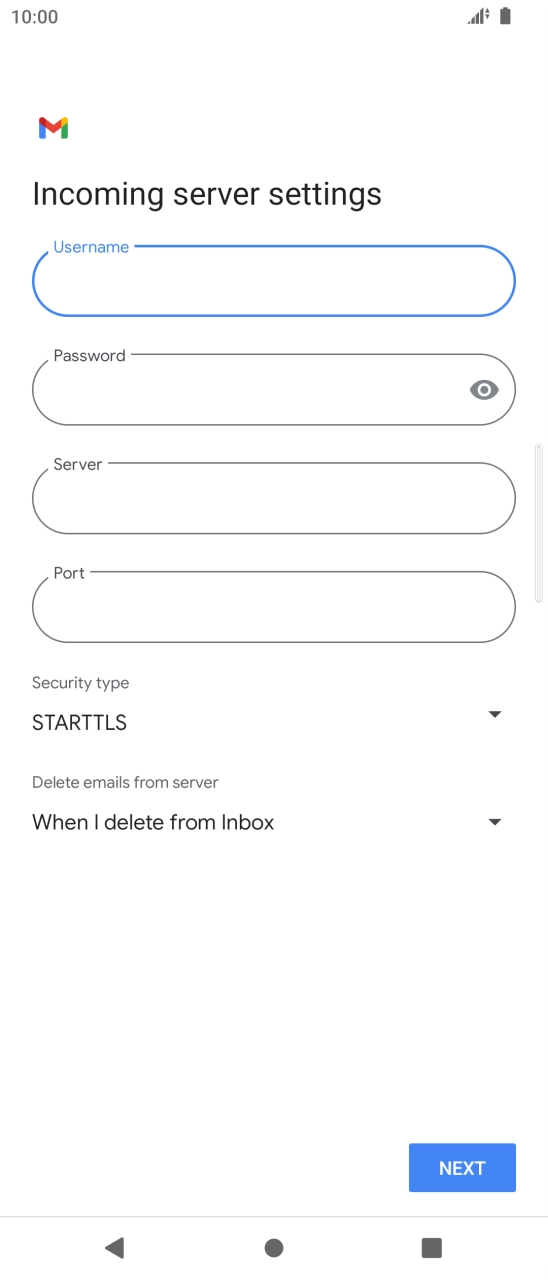 Press the field below 'Server' and key in the name of your email provider's incoming server. Press the field below 'Server' and key in the name of your email provider's incoming server.