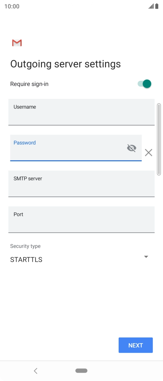 Press the field below 'SMTP server' and key in the name of your email provider's outgoing server. Press the field below 'SMTP server' and key in the name of your email provider's outgoing server.