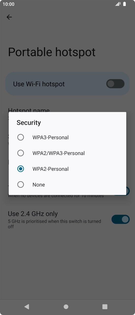 Press WPA3-Personal to password protect your WiFi hotspot. Press WPA3-Personal to password protect your WiFi hotspot.
