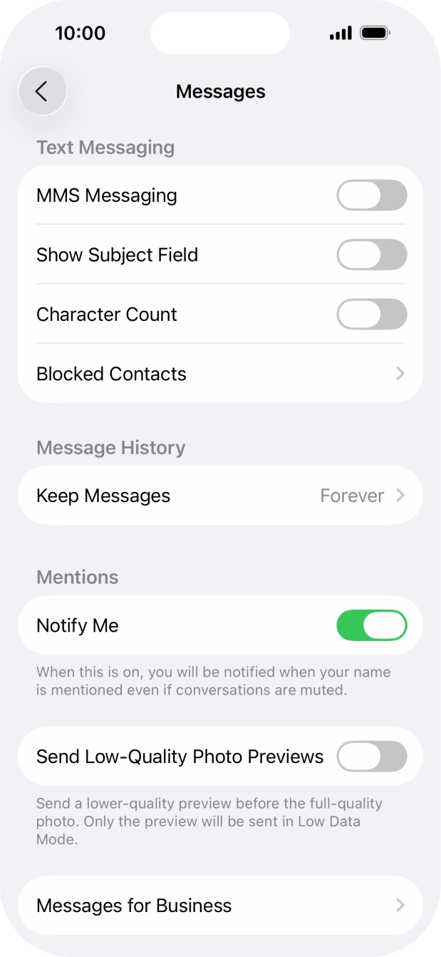 Press the indicator next to 'MMS Messaging' to turn on the function. Press the indicator next to 'MMS Messaging' to turn on the function.