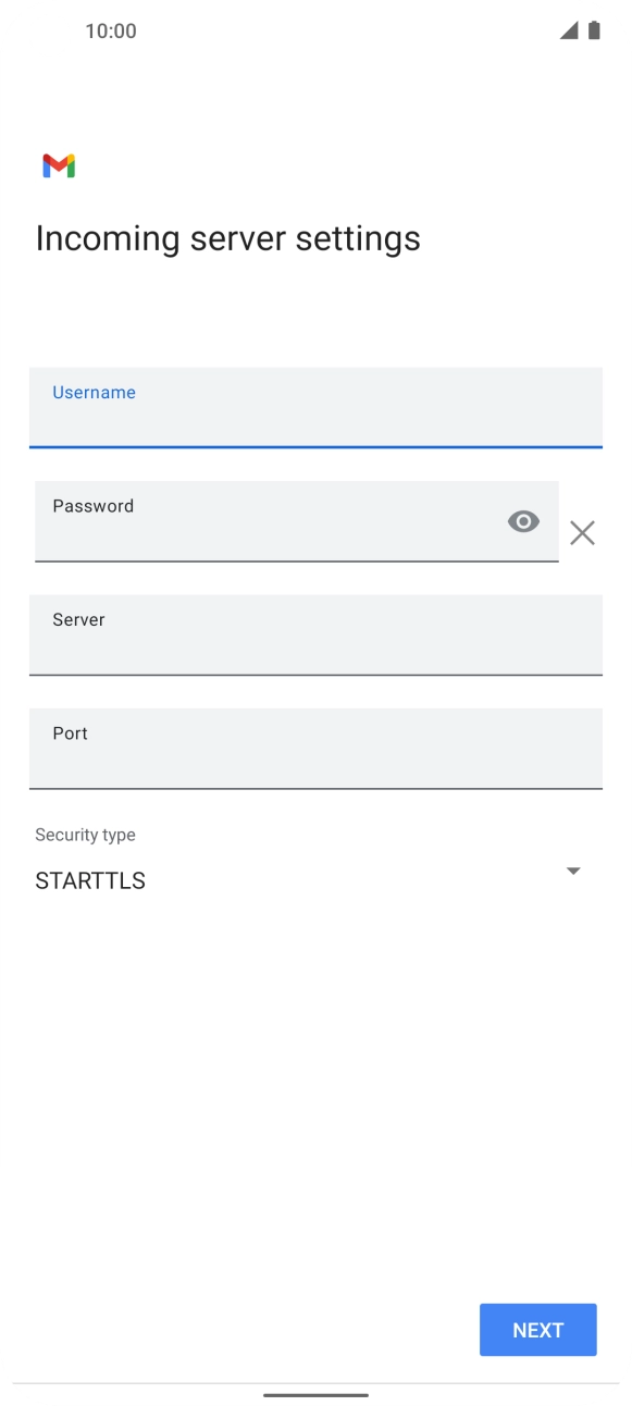 Press the field below 'Server' and key in the name of your email provider's incoming server. Press the field below 'Server' and key in the name of your email provider's incoming server.