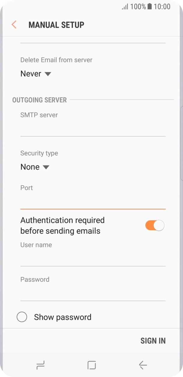 Press the field below 'User name' and key in the username of your email provider's outgoing server. Press the field below 'User name' and key in the username of your email provider's outgoing server.