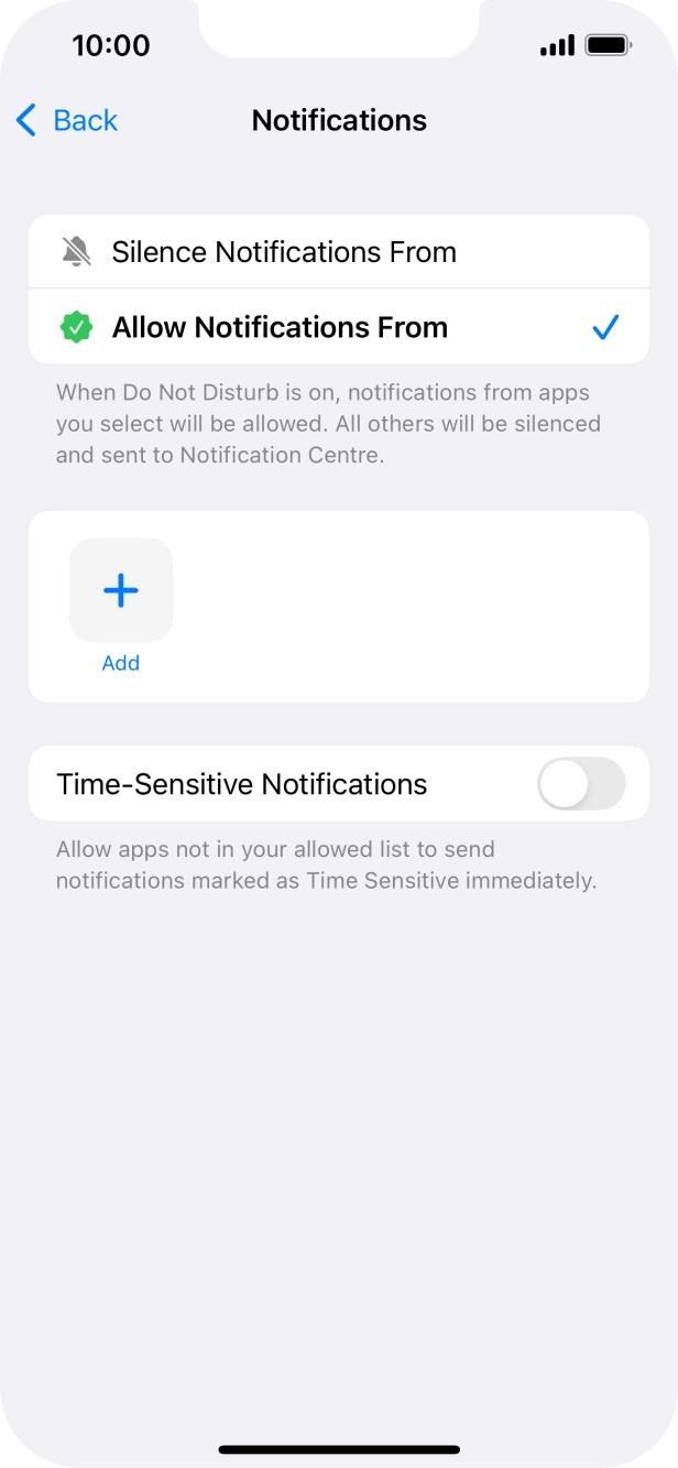 Press the indicator next to 'Time-Sensitive Notifications' to turn display of timed notifications on or off when Do Not Disturb is turned on. Press the indicator next to 'Time-Sensitive Notifications' to turn display of timed notifications on or off when Do Not Disturb is turned on.