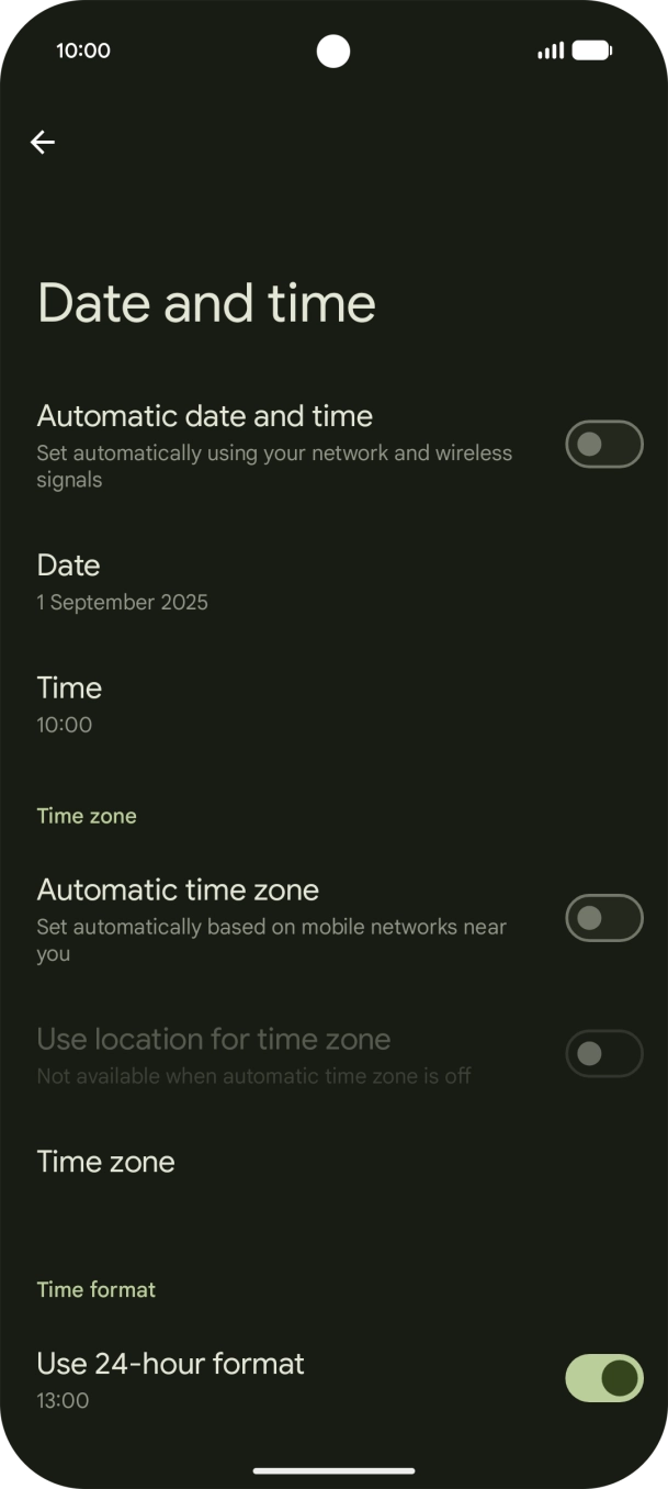 Press the indicator next to 'Automatic date and time' to turn on the function.