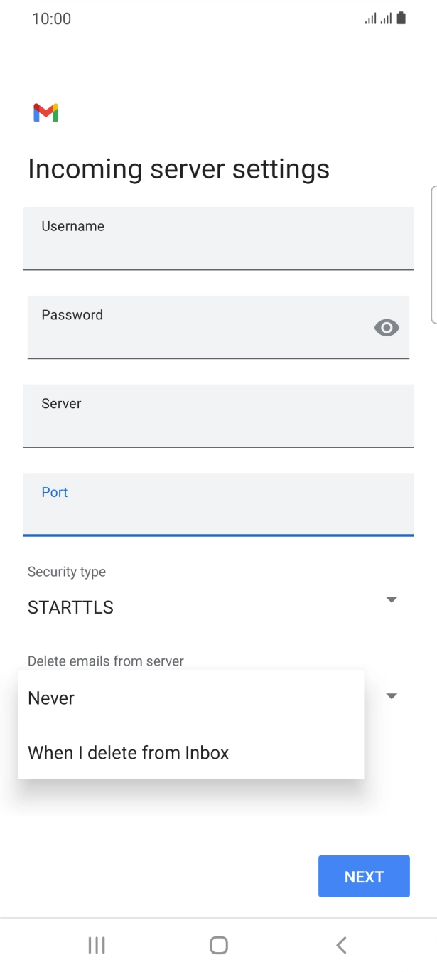 Press Never to keep emails on the server when you delete them on your phone.