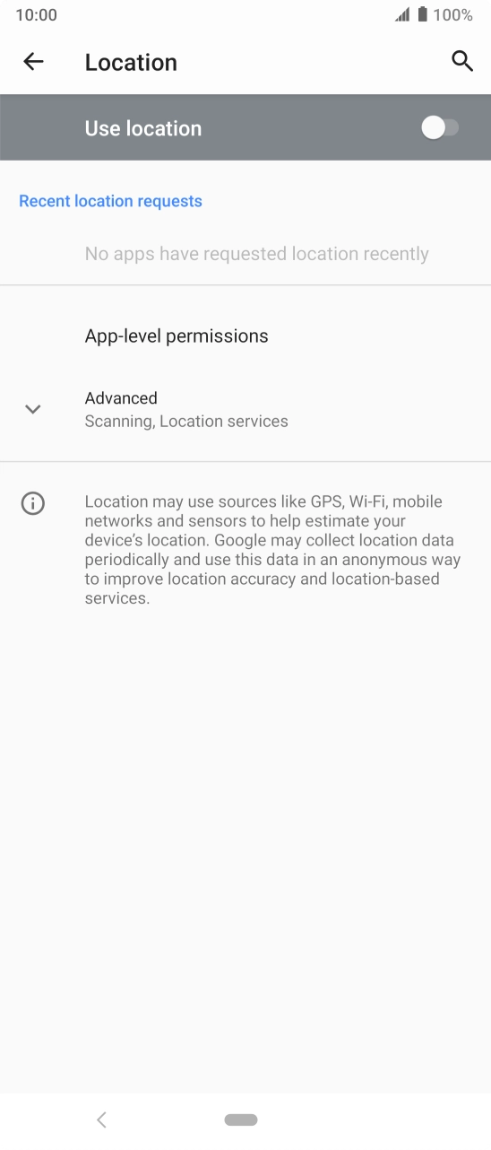 Press the indicator next to 'Use location' to turn the function on or off. Press the indicator next to 'Use location' to turn the function on or off.