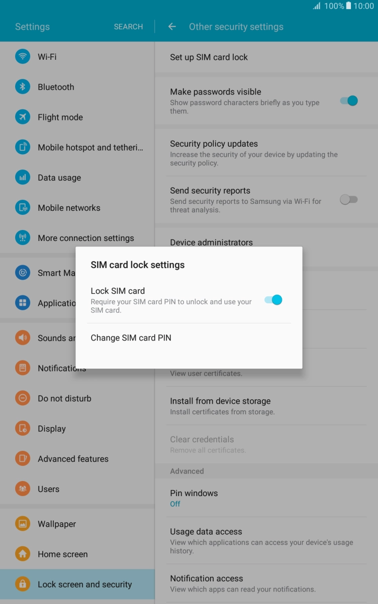 Press the indicator next to 'Lock SIM card' to turn the function on or off.