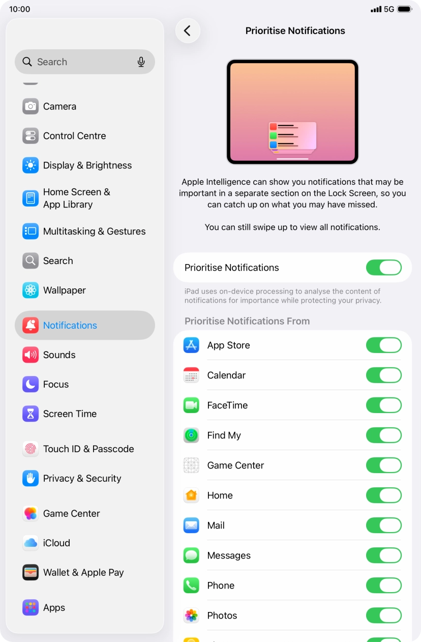 Press the indicator next to 'Prioritise Notifications' to turn the function on or off. Press the indicator next to 'Prioritise Notifications' to turn the function on or off.