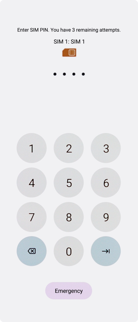 Key in your SIM PIN and press arrow right. The default SIM PIN is 0000.