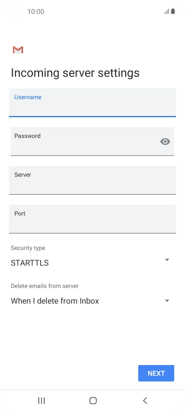 Press the field below 'Server' and key in the name of your email provider's incoming server. Press the field below 'Server' and key in the name of your email provider's incoming server.