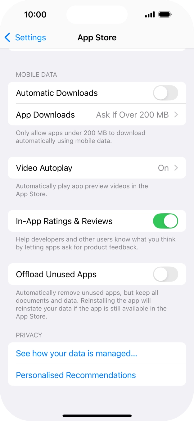 Press the indicator next to 'Offload Unused Apps' to turn the function on or off. Press the indicator next to 'Offload Unused Apps' to turn the function on or off.
