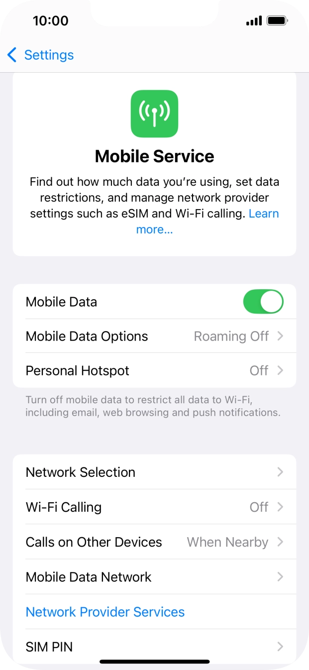 Press the indicator next to 'Mobile Data' to turn the function on or off. Press the indicator next to 'Mobile Data' to turn the function on or off.