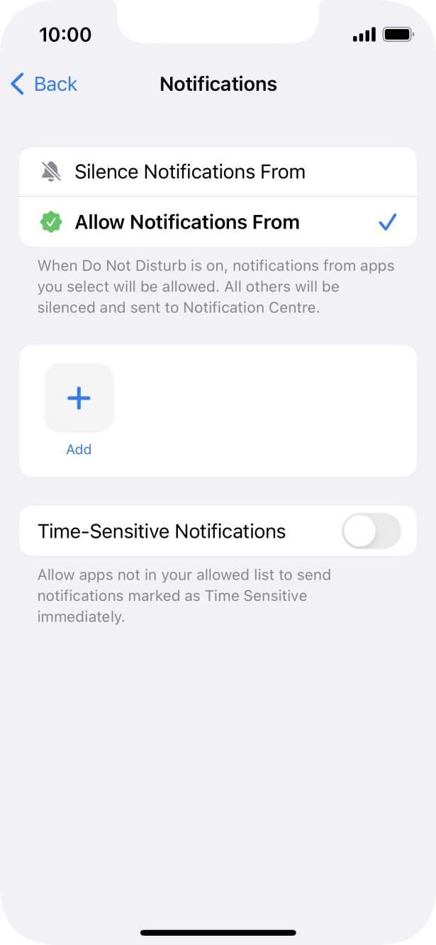 Press the indicator next to 'Time-Sensitive Notifications' to turn display of timed notifications on or off when Do Not Disturb is turned on. Press the indicator next to 'Time-Sensitive Notifications' to turn display of timed notifications on or off when Do Not Disturb is turned on.