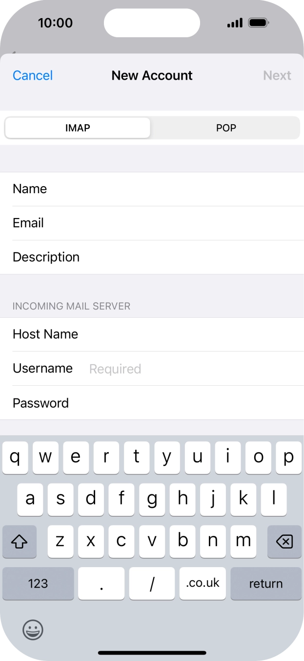 Press Username and key in the username for your email account. Press Username and key in the username for your email account.
