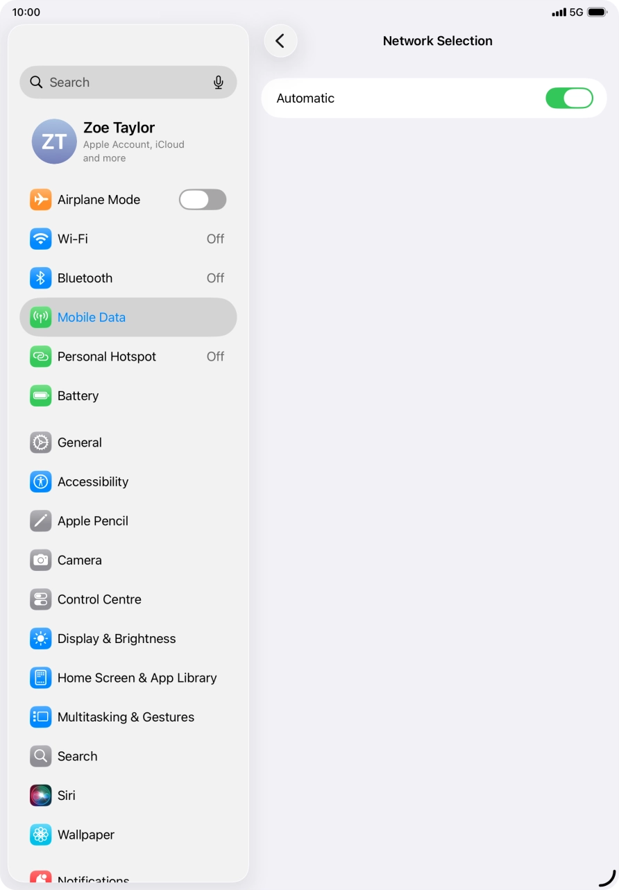 Press the indicator next to 'Automatic' to turn automatic network selection on or off. Press the indicator next to 'Automatic' to turn automatic network selection on or off.