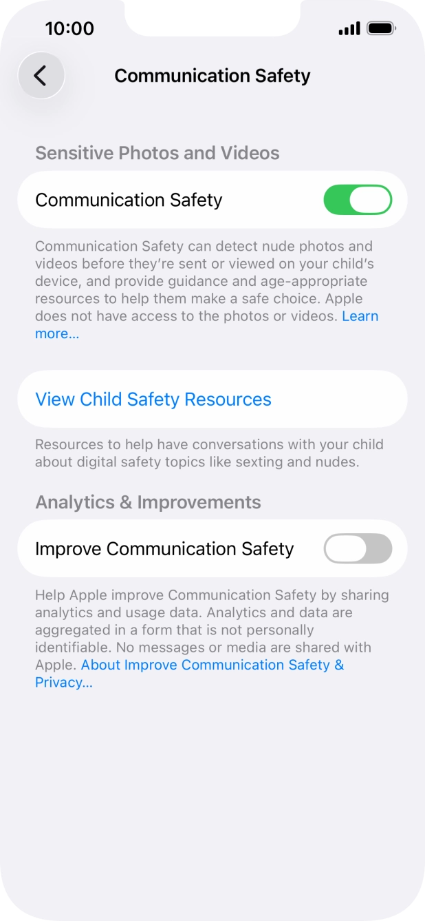 Press the indicator next to 'Communication Safety' to turn the function on or off. Press the indicator next to 'Communication Safety' to turn the function on or off.