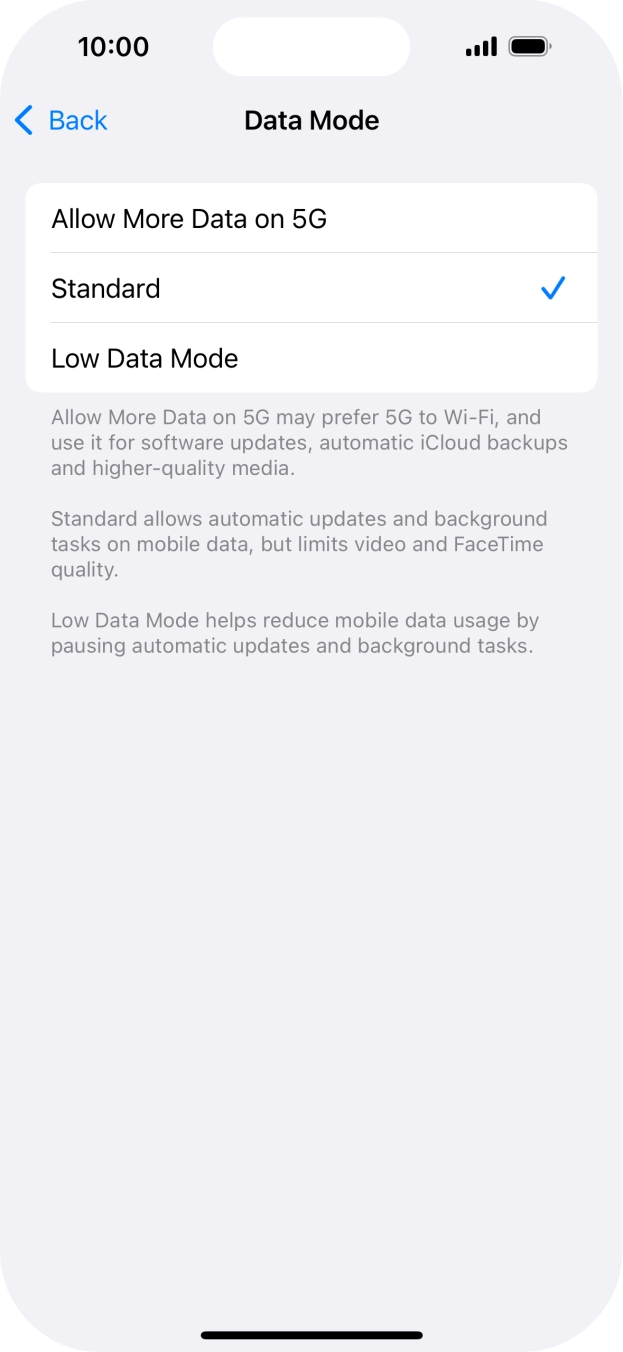 Press the required setting.