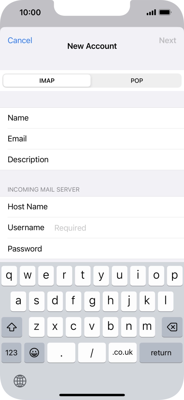 Press Username and key in the username for your email account. Press Username and key in the username for your email account.