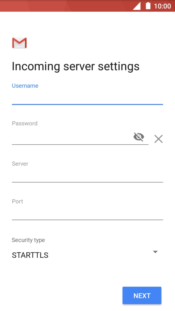 Press the field below 'Server' and key in the name of your email provider's incoming server. Press the field below 'Server' and key in the name of your email provider's incoming server.