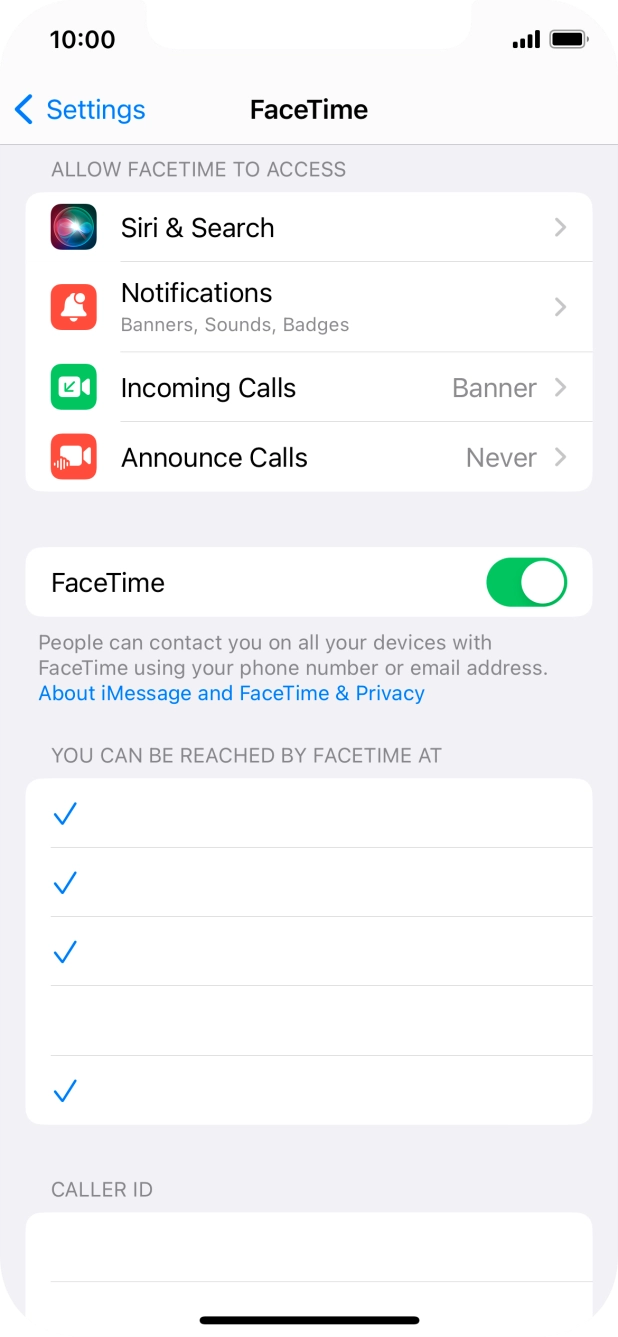Press the indicator next to 'FaceTime' to turn the function on or off. Press the indicator next to 'FaceTime' to turn the function on or off.