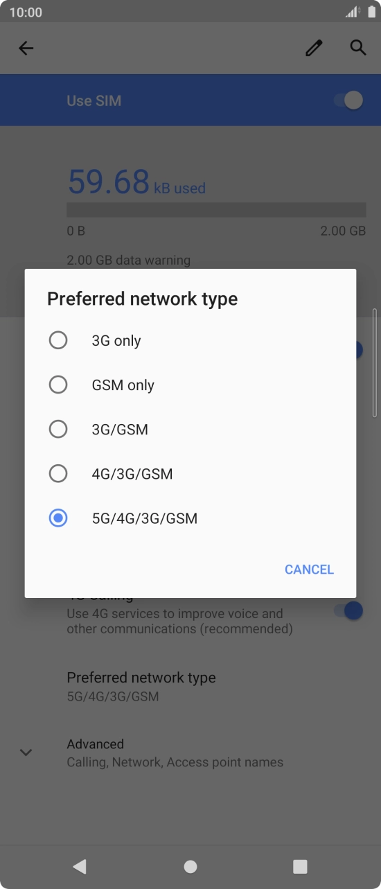 Press the required network mode.