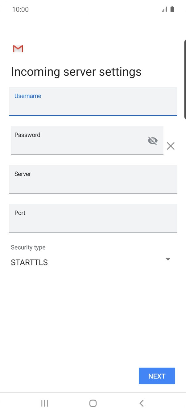 Press the field below 'Server' and key in the name of your email provider's incoming server. Press the field below 'Server' and key in the name of your email provider's incoming server.