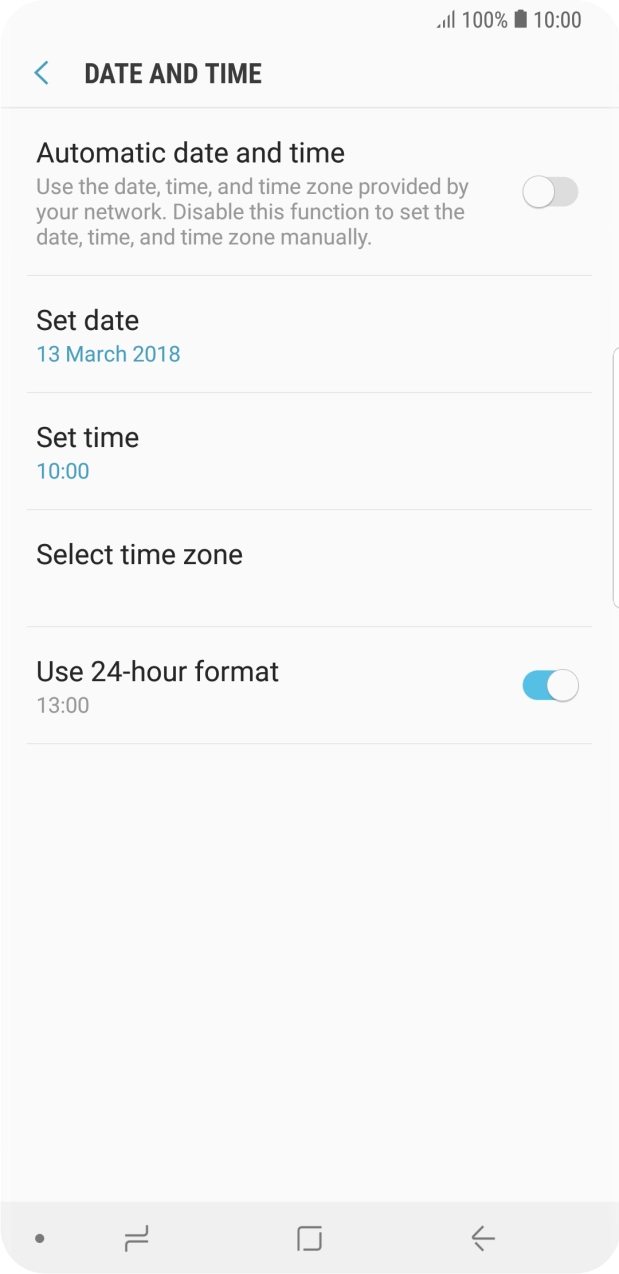 Press the indicator next to 'Automatic date and time' to turn on the function.