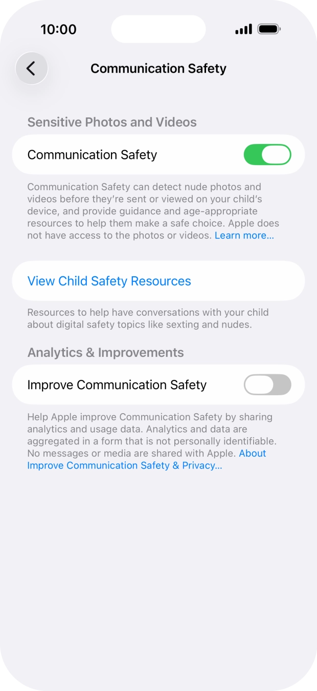 Press the indicator next to 'Communication Safety' to turn the function on or off. Press the indicator next to 'Communication Safety' to turn the function on or off.