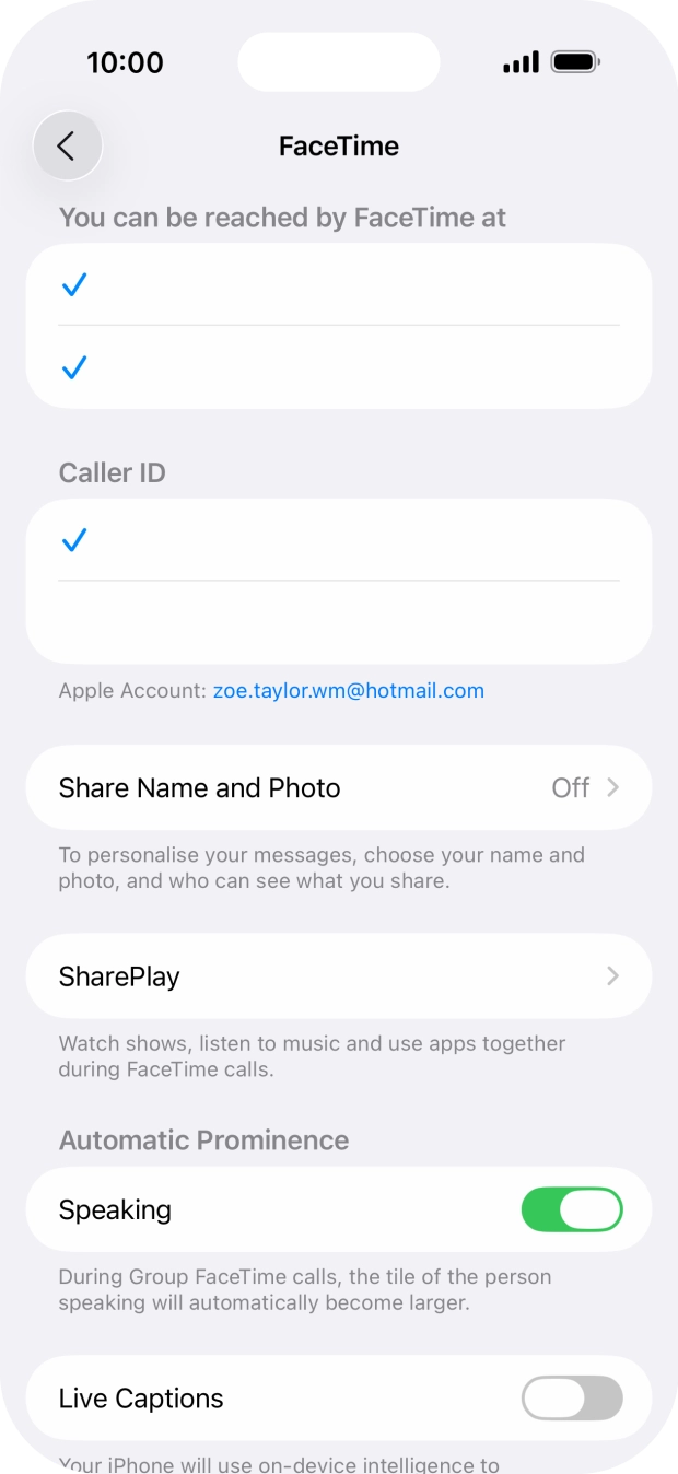 Press the required setting below 'You can be reached by FaceTime at'. Press the required setting below 'You can be reached by FaceTime at'.