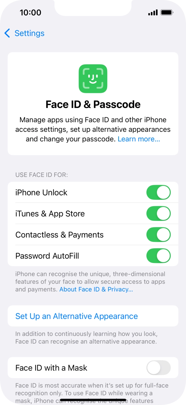 Press the indicators next to the required settings to turn them on or off.