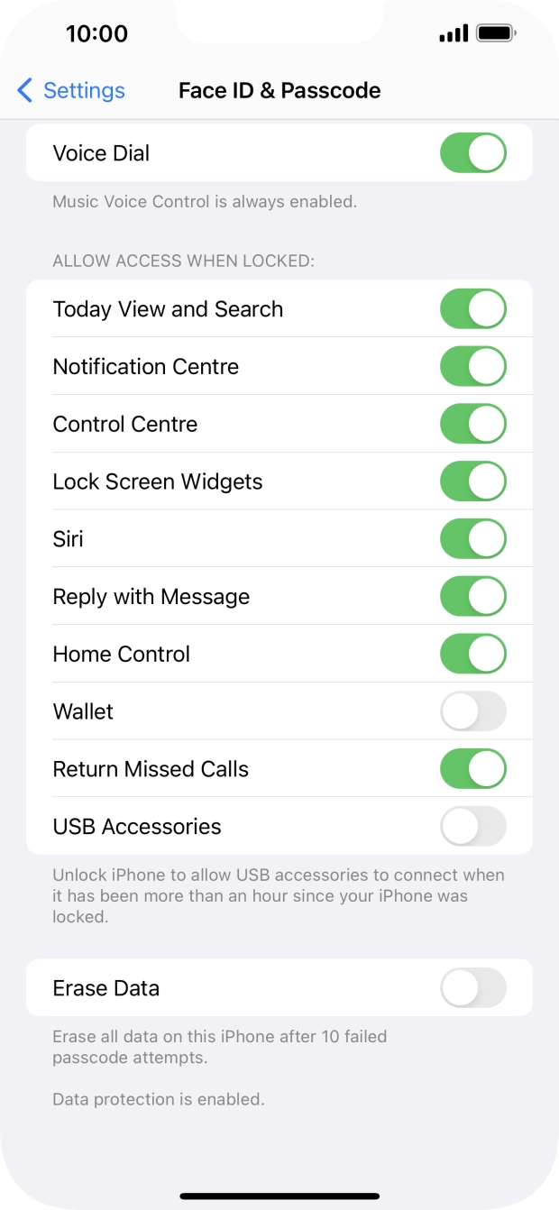 Press the indicator next to 'Erase Data' to turn the function on or off.