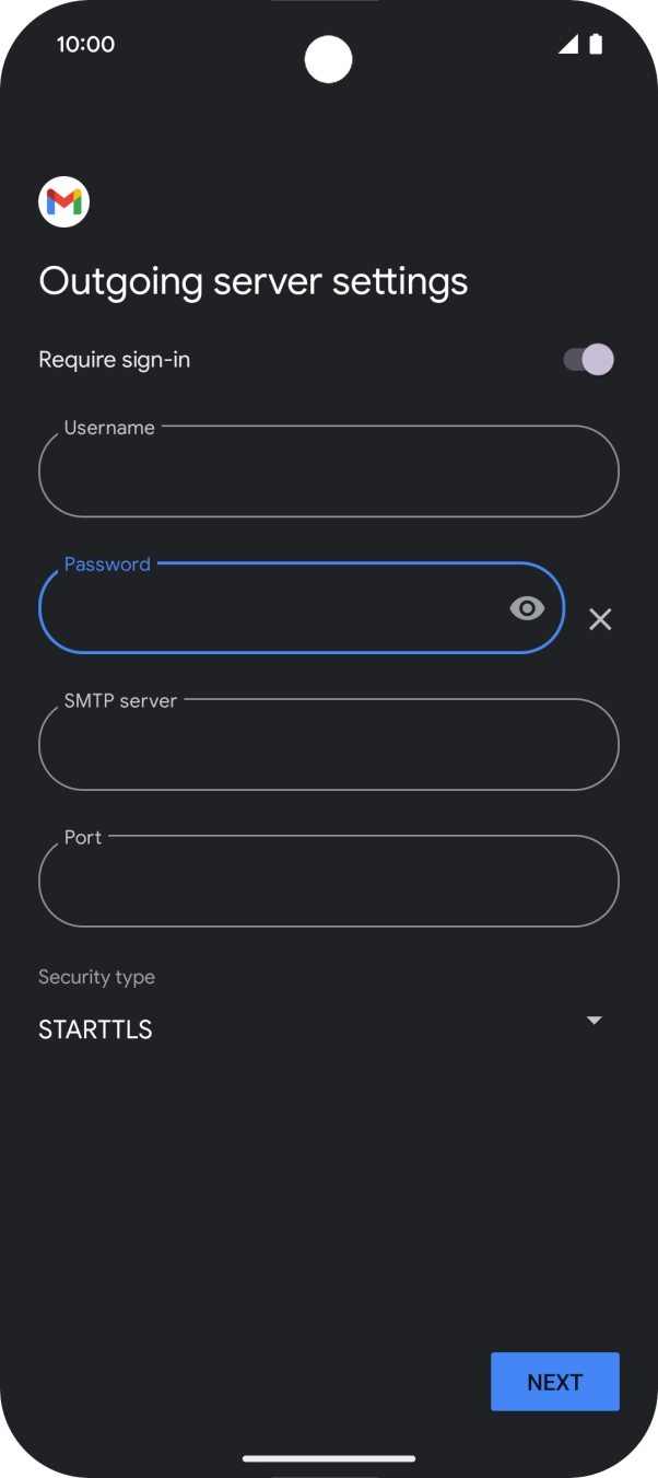 Press the field below 'SMTP server' and key in the name of your email provider's outgoing server. Press the field below 'SMTP server' and key in the name of your email provider's outgoing server.