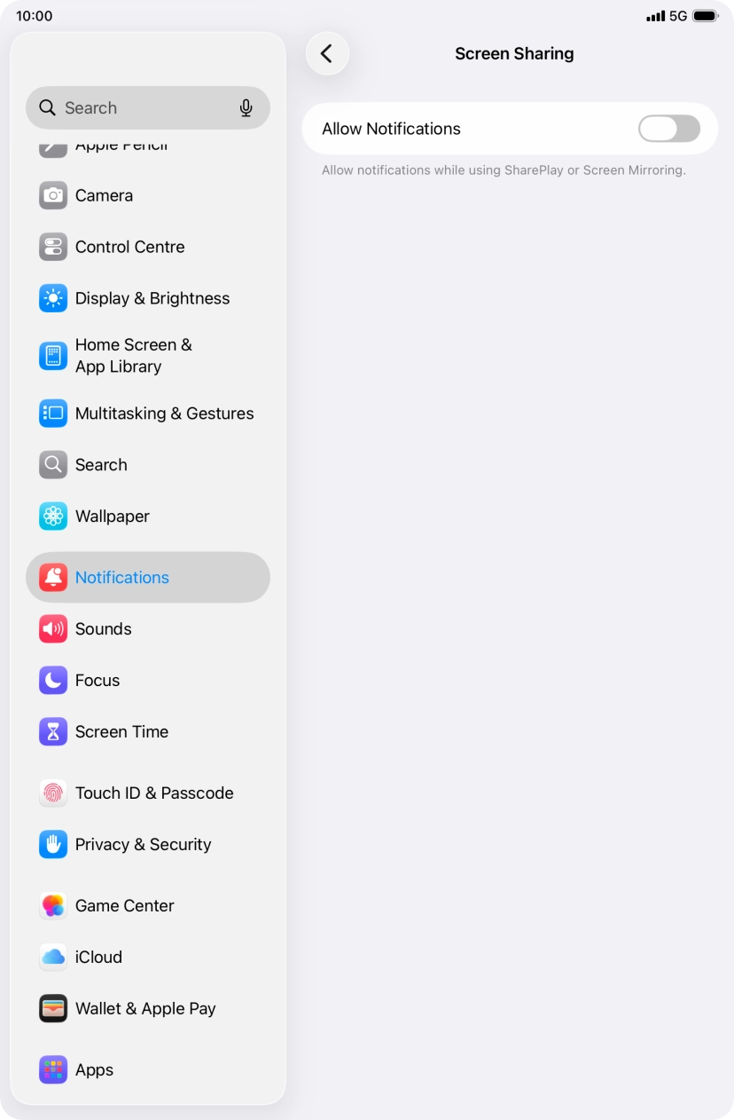 Press the indicator next to 'Allow Notifications' to turn the function on or off. Press the indicator next to 'Allow Notifications' to turn the function on or off.