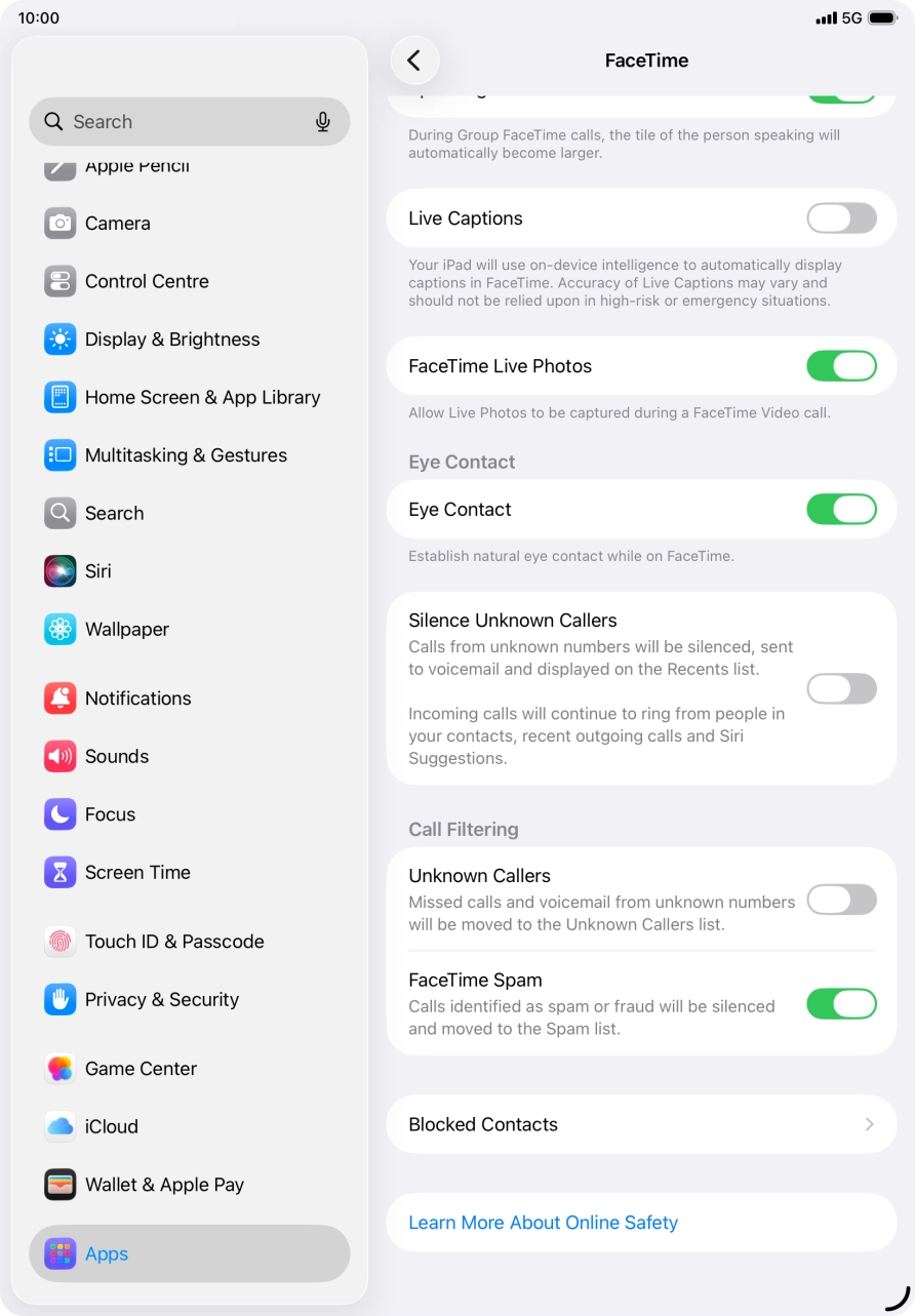 Press the indicator next to 'Eye Contact' to turn the function on or off. Press the indicator next to 'Eye Contact' to turn the function on or off.