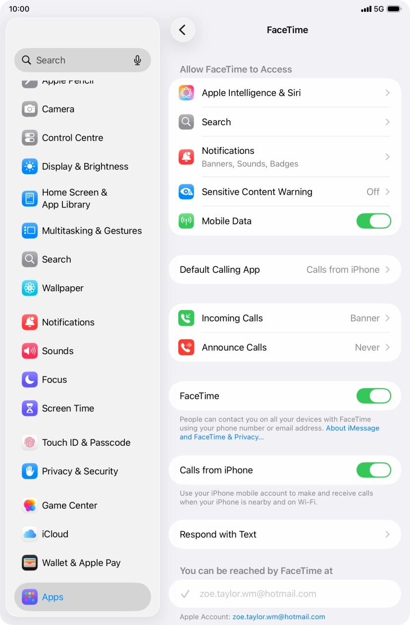 Press the indicator next to 'FaceTime' to turn the function on or off. Press the indicator next to 'FaceTime' to turn the function on or off.