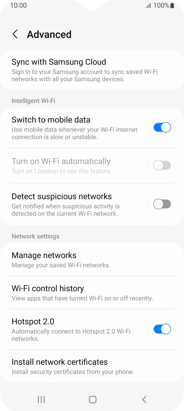 Press the indicator next to 'Switch to mobile data' to turn the function on or off. Press the indicator next to 'Switch to mobile data' to turn the function on or off.