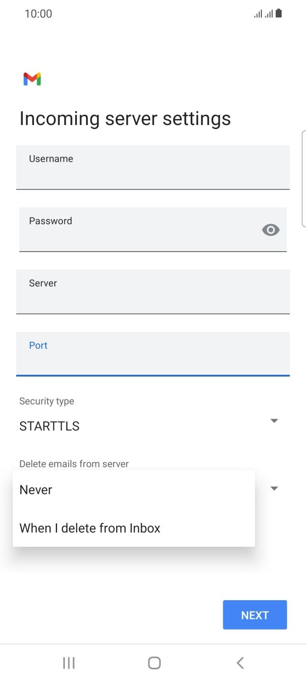 Press Never to keep emails on the server when you delete them on your phone. Press Never to keep emails on the server when you delete them on your phone.