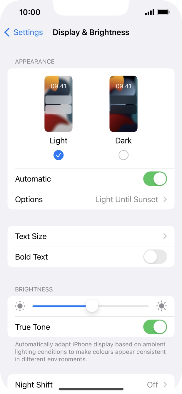 If you turn on the function, press Options and follow the instructions on the screen to select the required period of time for Dark Mode.