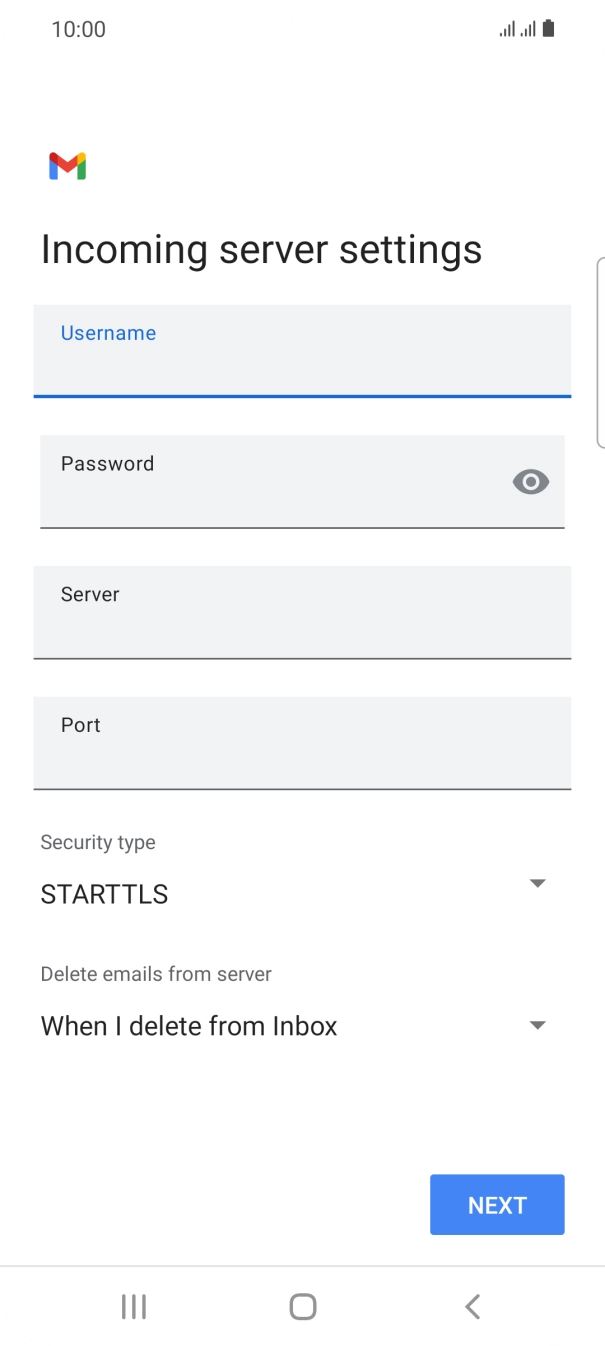 Press the field below 'Server' and key in the name of your email provider's incoming server. Press the field below 'Server' and key in the name of your email provider's incoming server.