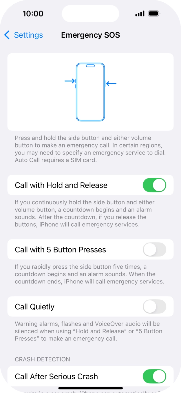 Press the indicator next to 'Call After Serious Crash' to turn on the function.