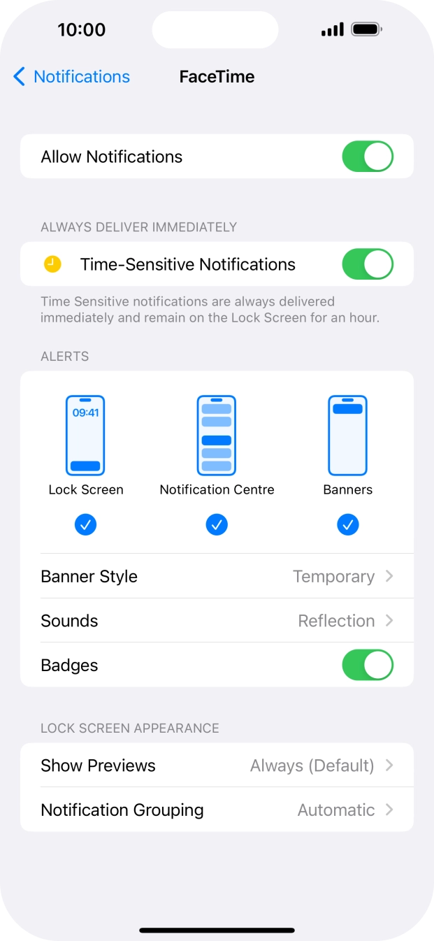 Press the indicator next to 'Allow Notifications' to turn notifications for the selected application on or off.