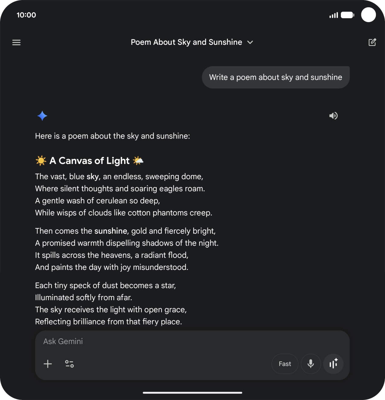 You can ask Gemini to generate a text based on your description. You can ask Gemini to generate a text based on your description.