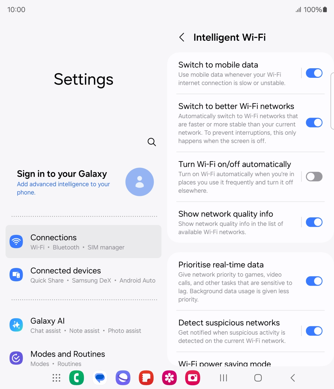 Press the indicator next to 'Switch to mobile data' to turn the function on or off. Press the indicator next to 'Switch to mobile data' to turn the function on or off.
