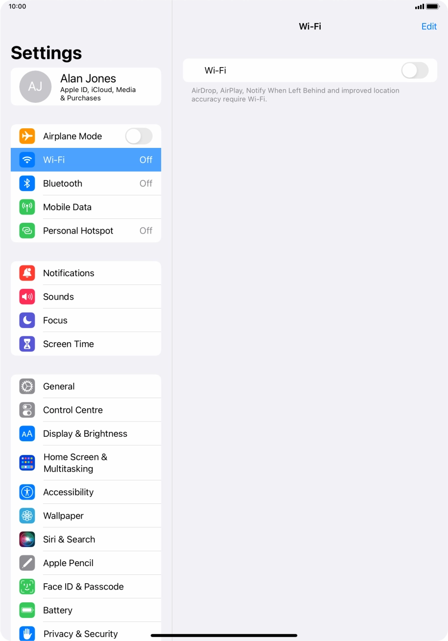 Press the indicator next to 'Wi-Fi' to turn on the function.