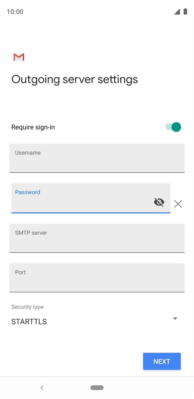 Press the field below 'SMTP server' and key in the name of your email provider's outgoing server. Press the field below 'SMTP server' and key in the name of your email provider's outgoing server.