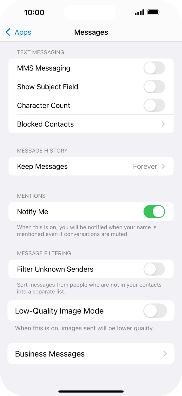 Press the indicator next to 'MMS Messaging' to turn on the function. Press the indicator next to 'MMS Messaging' to turn on the function.