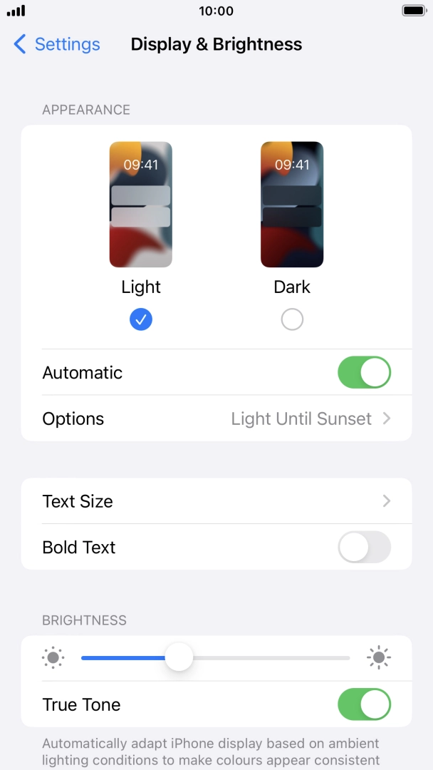 If you turn on the function, press Options and follow the instructions on the screen to select the required period of time for Dark Mode.
