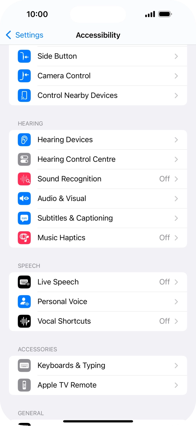 Press the required category below 'HEARING' and follow the instructions on the screen to select the required settings.