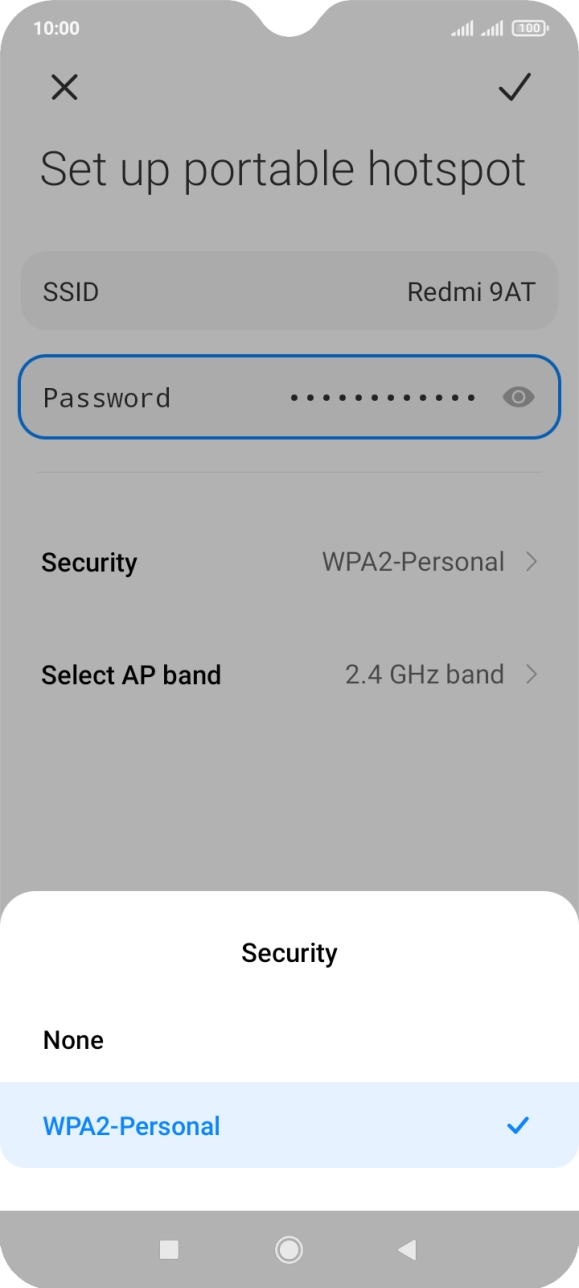 Press WPA2-Personal to password protect your WiFi hotspot. Press WPA2-Personal to password protect your WiFi hotspot.